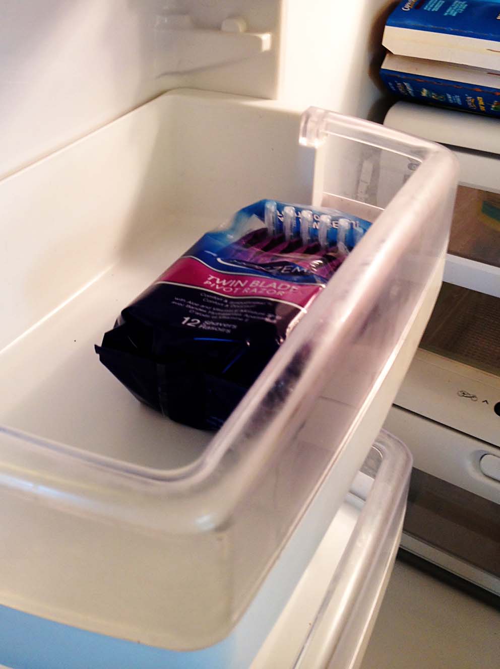Razors in fridge.