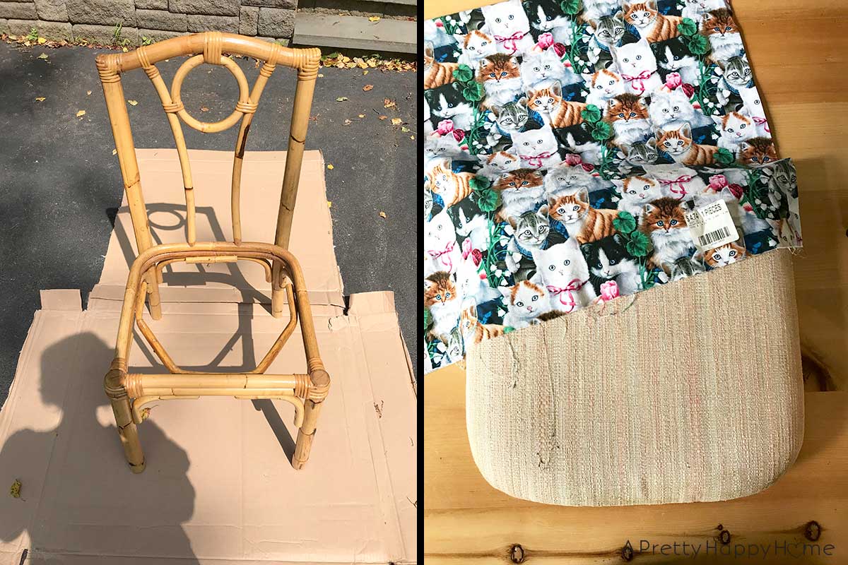 dining chair makeover with cat fabric