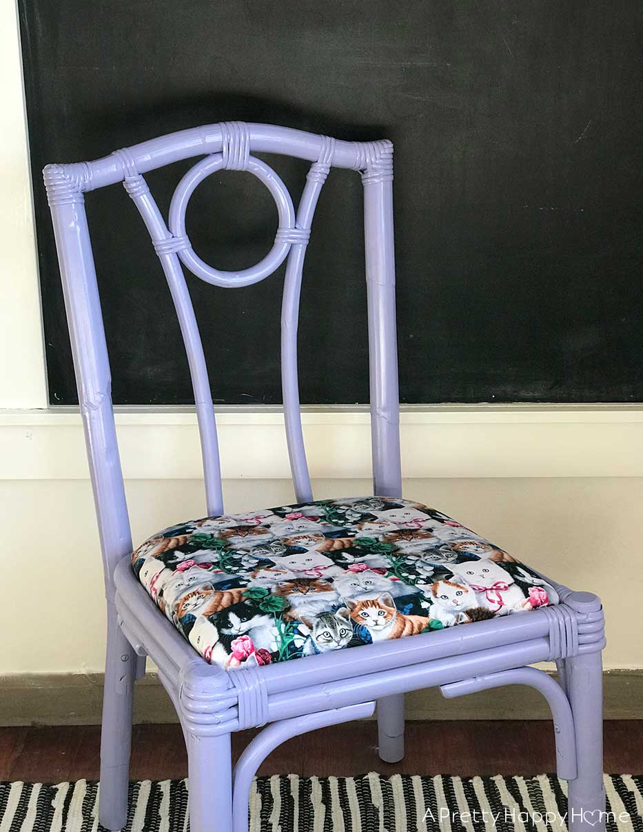 dining chair makeover with cat fabric