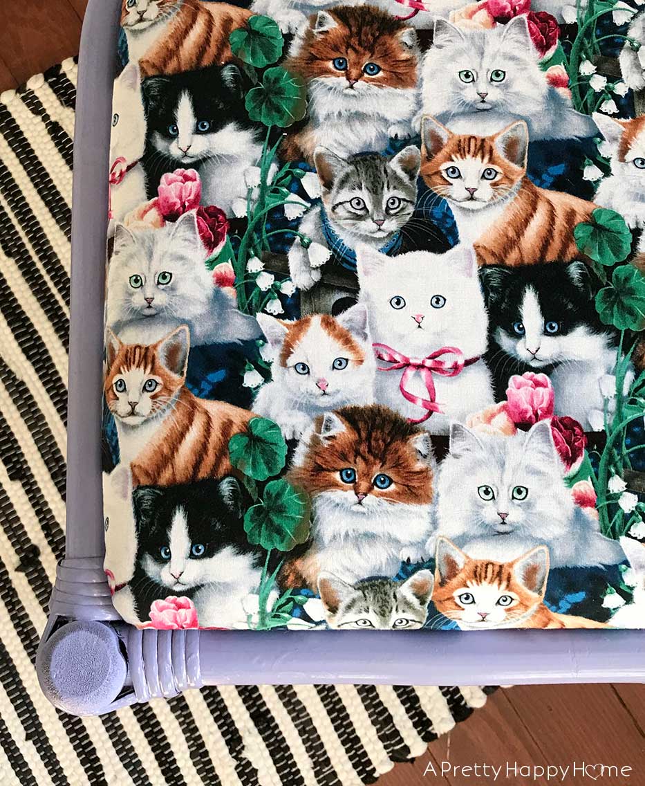 dining chair makeover with cat fabric
