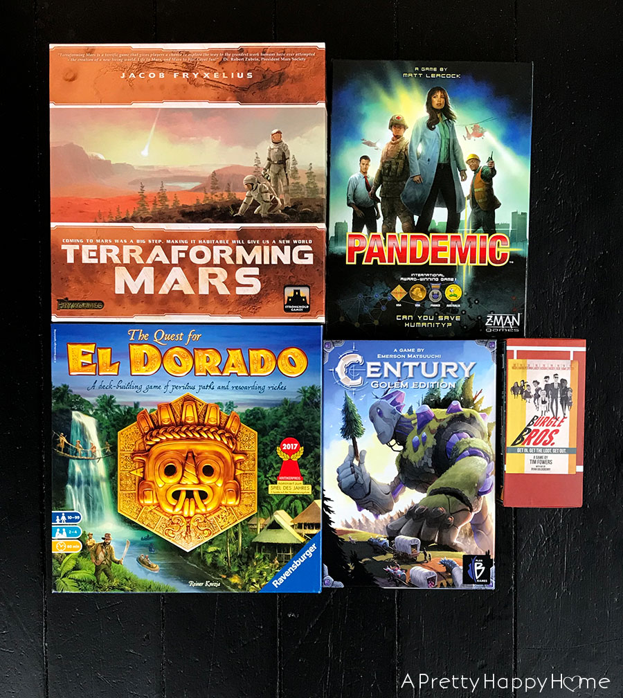 board games terraforming mars, pandemic, el dorado, century, and burgle bros