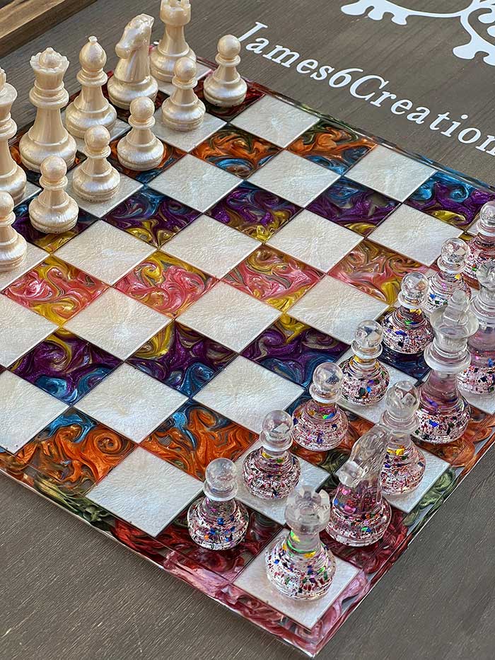 colorful resin rainbow chess set from james 6 creations via etsy in praise of unique chess sets