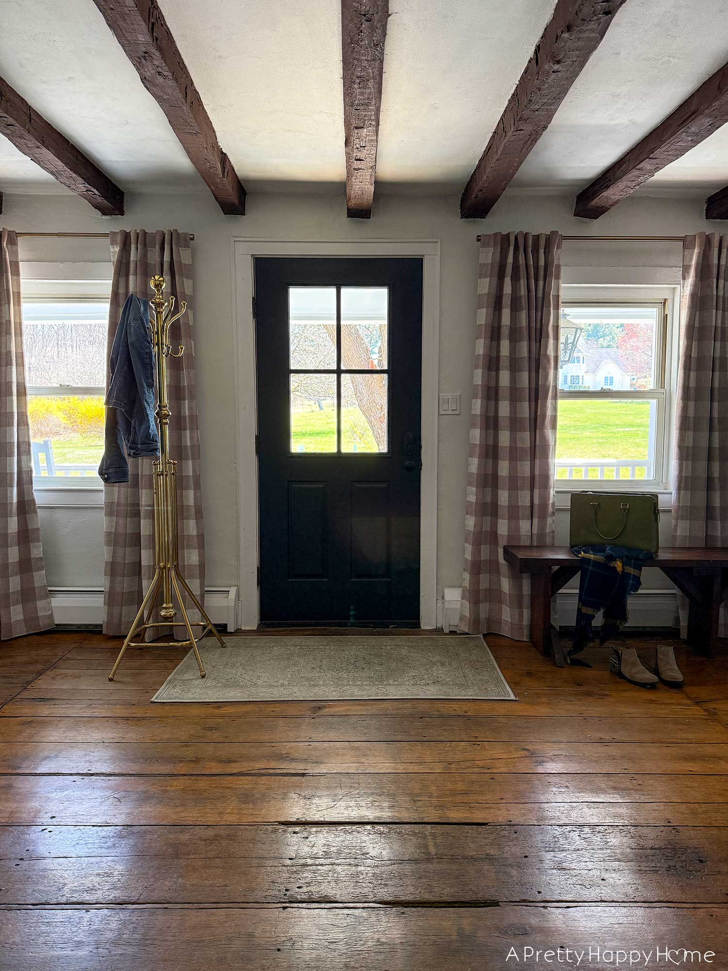 Entryway Refresh and a New Front Door Window with farmhouse style entry and buffalo check curtains