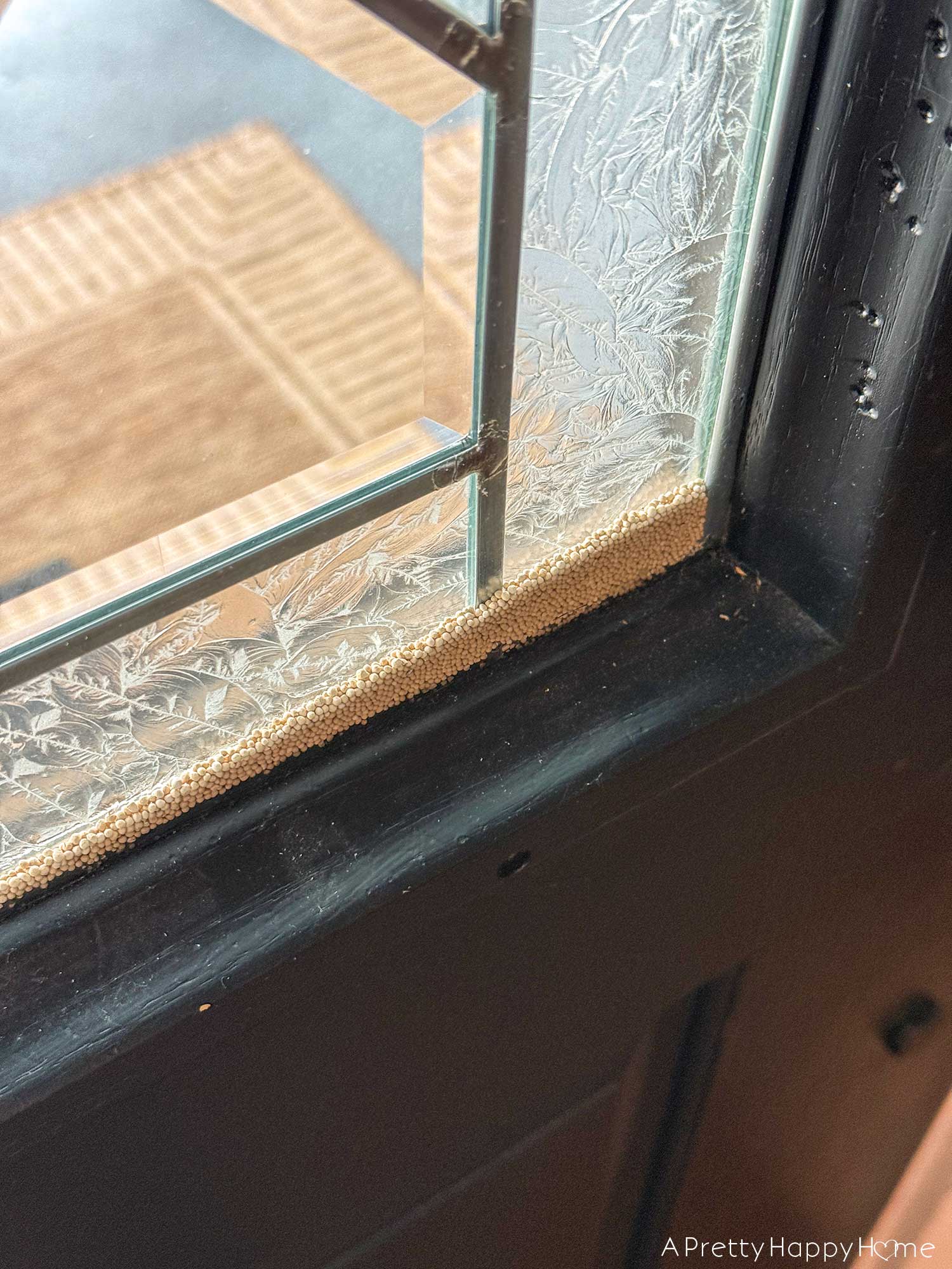 Entryway Refresh and a New Front Door Window old window with failed seal looks like rubber turned into granules