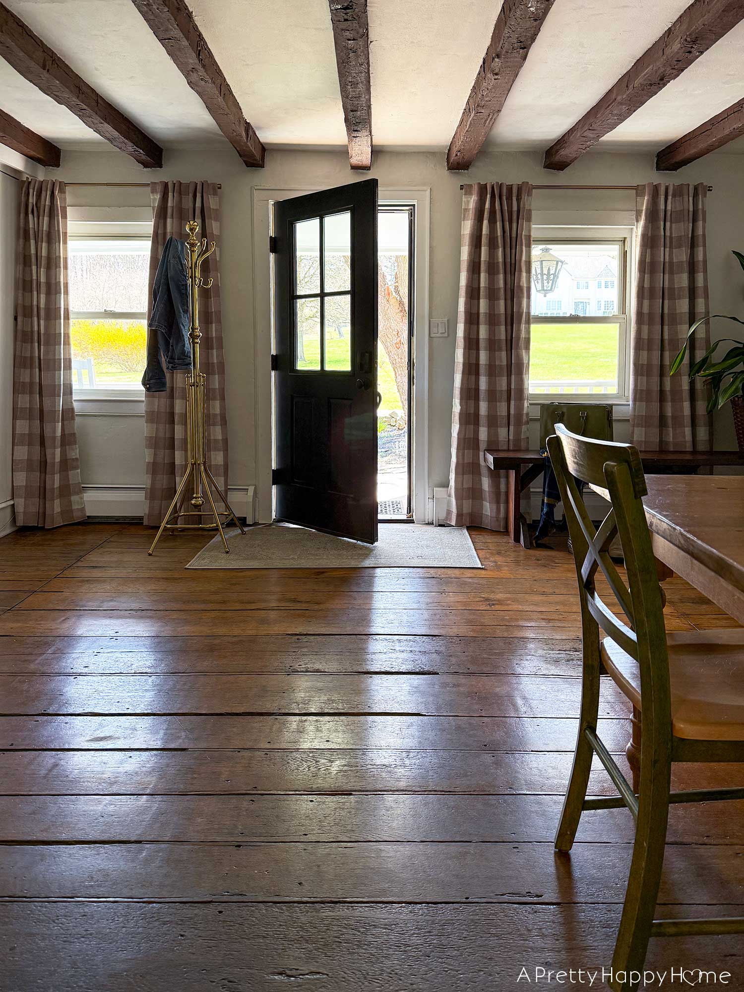 Entryway Refresh and a New Front Door Window with farmhouse style entry and buffalo check curtains