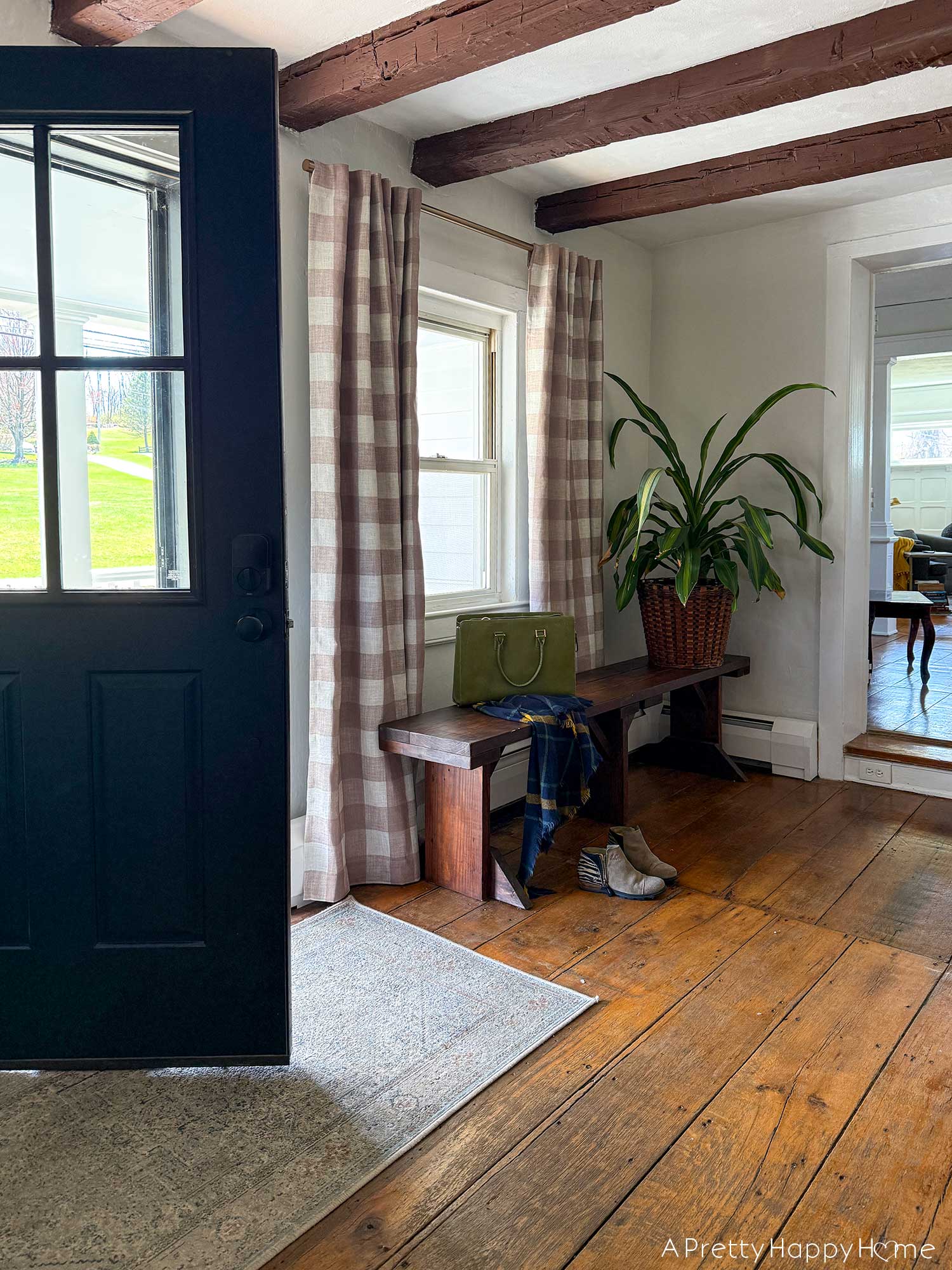 Entryway Refresh and a New Front Door Window with farmhouse style entry and buffalo check curtains