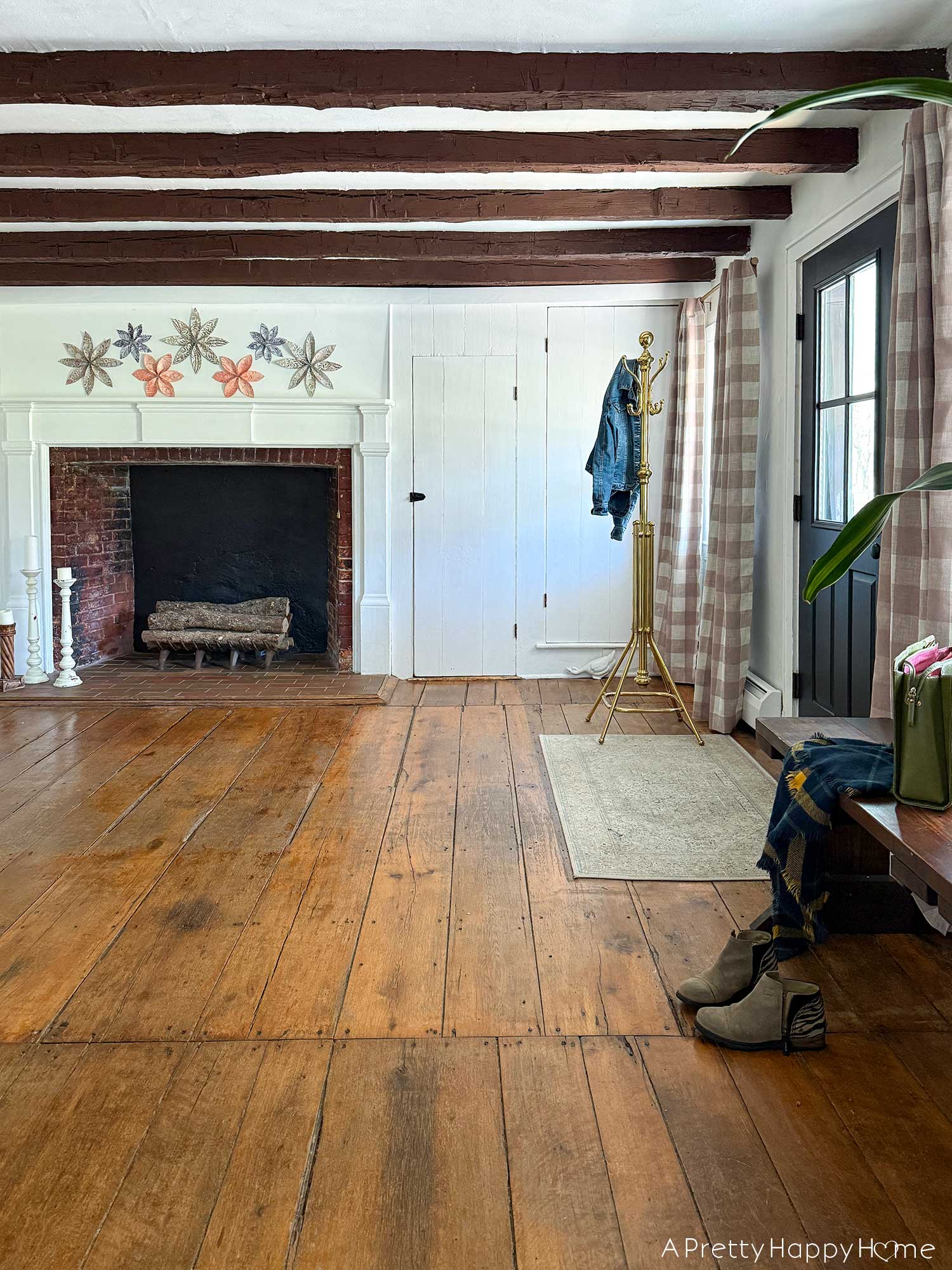 Entryway Refresh and a New Front Door Window with farmhouse style entry and buffalo check curtains
