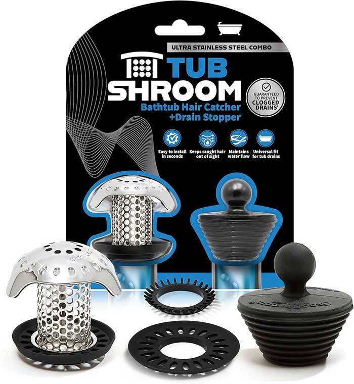 package picture of the tub shroom that catches hair in a shower drain. the mushroom shaped drain stopper has a silicone seal that fits different sized drains.