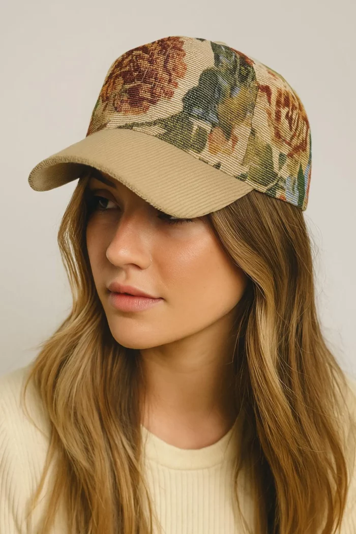women with light brown hair wearing a ball cap with a pretty jacquard print and light brown bill from Etsy shop Academy Fits.