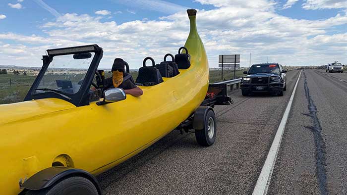 Montana state patrol pulled over giant car shaped like a yellow banana driven by steve braithwaite